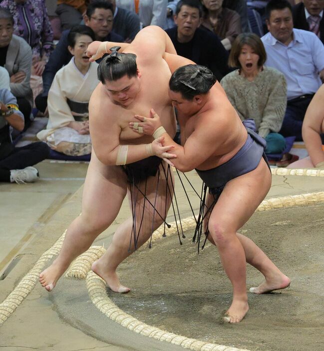 王鵬（左）を寄り切りで下した豊昇龍（カメラ・朝田　秀司）