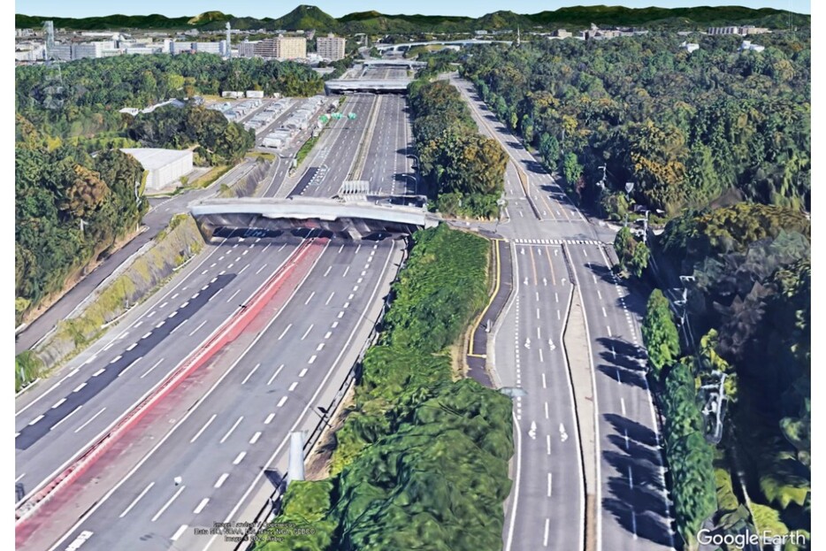 大津・草津市内で国道1号と並行する山手幹線（画像：Google Earth）。