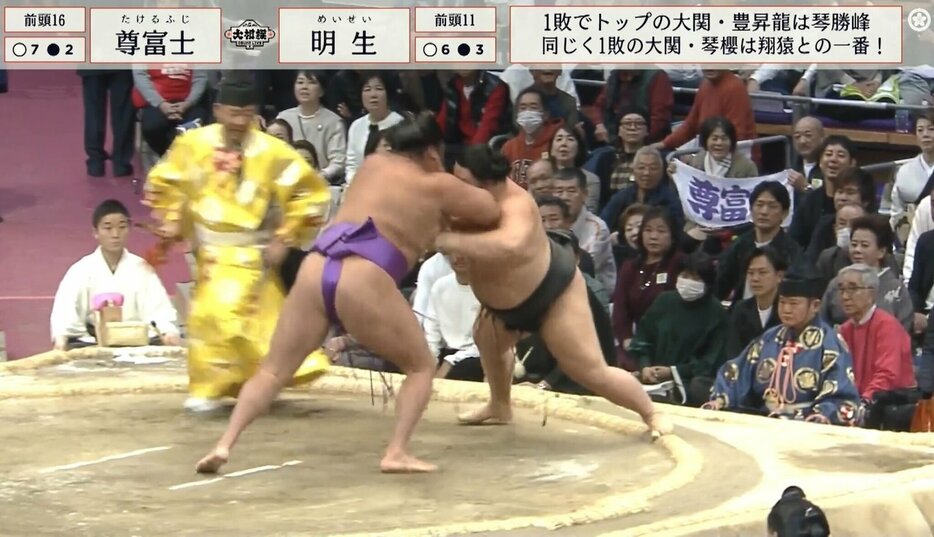 尊富士と明生の取組。この後、尊富士の“異次元パワー”に館内は騒然となる