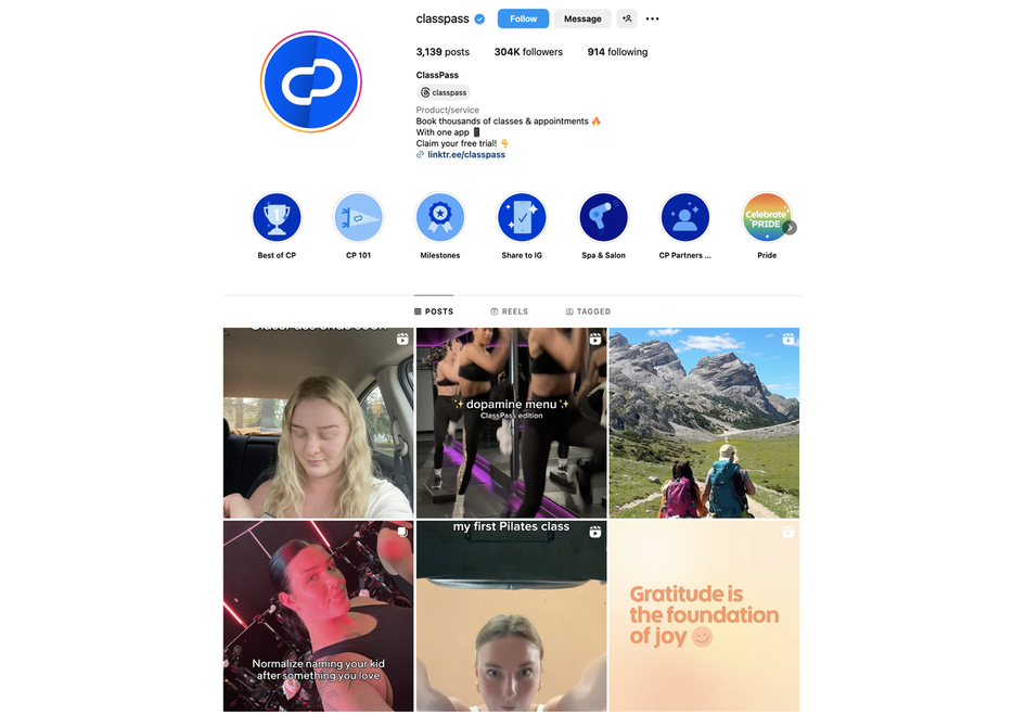 グローバルのClassPassのInstagramアカウントには、30.4万人のフォロワーがいる（ClassPassのInstagramアカウントより）