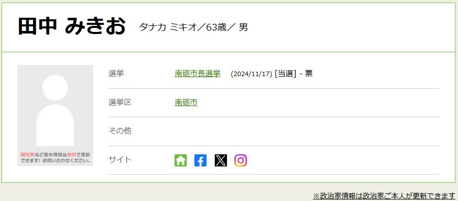 10日告示の南砺市長選挙｜現職の田中幹夫氏が無投票で当選　富山県