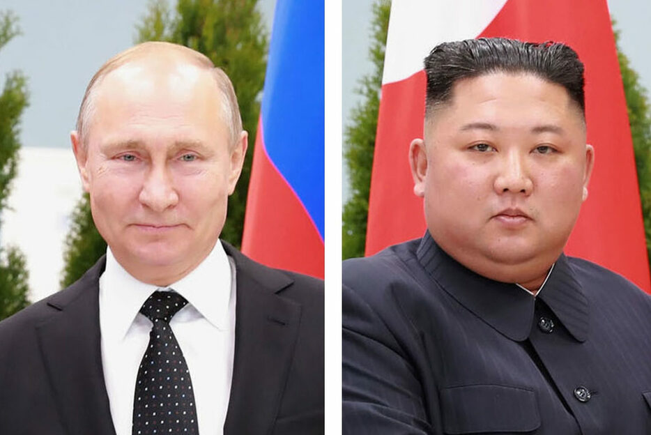 ロシアのプーチン大統領、北朝鮮の金正恩朝鮮労働党総書記（いずれも朝鮮通信＝共同）