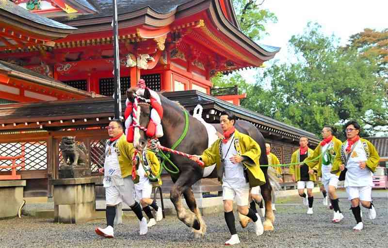 八代神社でおはらいを受け、拝殿の周りを駆ける飾り馬＝11日、八代市