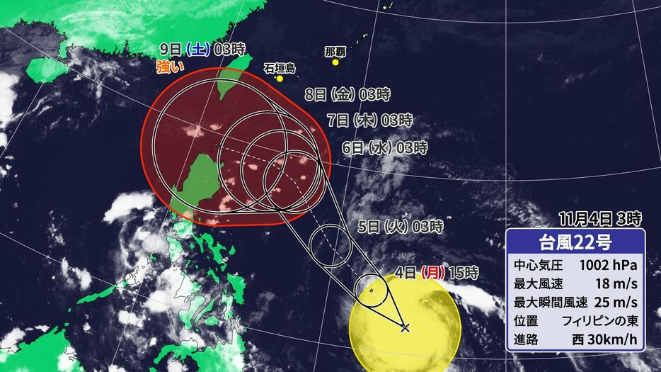 4日(月)午前3時の台風22号の位置と予想進路