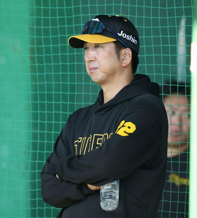 　ブルペンで投手陣の投球を見つめる藤川監督＝４日