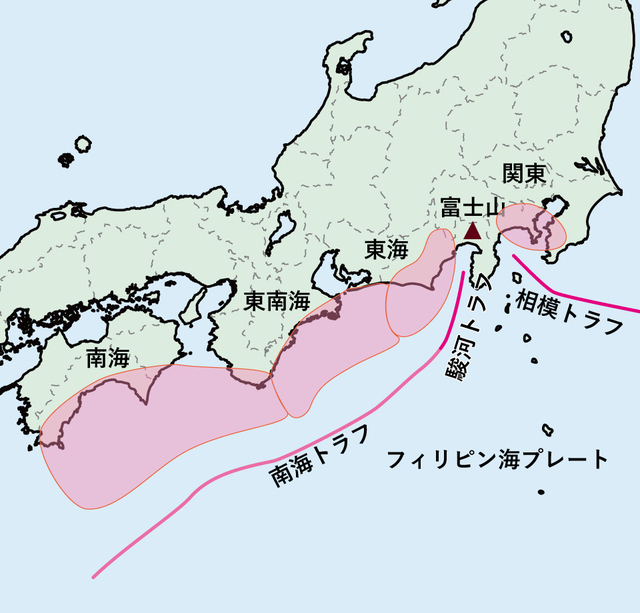 富士山は駿河トラフと相模トラフを陸上へ延長した線の交点に位置する(『富士山の謎を探る』築地書館の吉井敏尅氏の図を参考に作図)