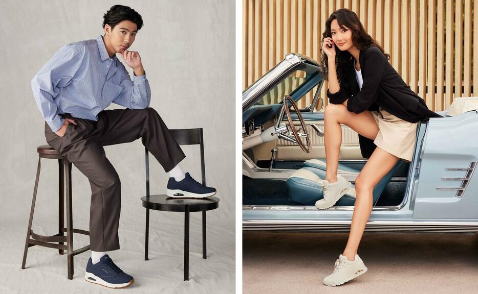 米シューズブランド「SKECHERS」の日本アンバサダーに起用された賀来賢人さん（左）と菜々緒さん