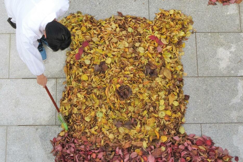 梅と桜の落ち葉で描かれた湯島天満宮信濃分社境内の「落ち葉アート」