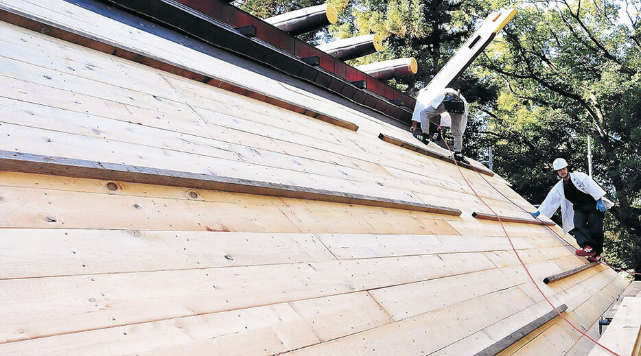 屋根の葺き替え工事で使われた能登ヒバの板材＝高岡市の射水神社