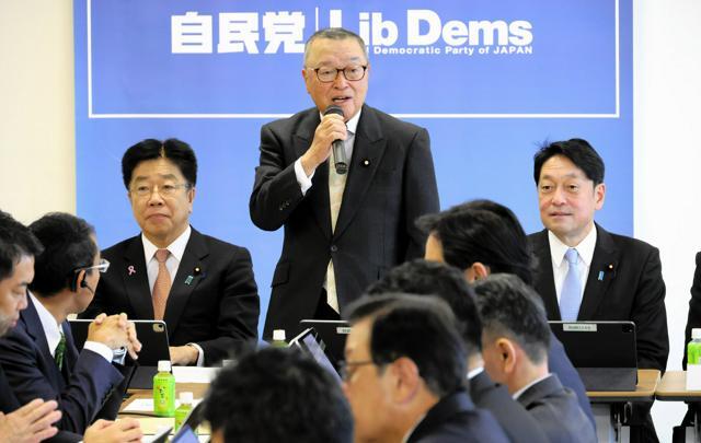 自民党税制調査会総会で発言する宮沢洋一税調会長（中央）。左は加藤勝信財務相、右は小野寺五典政調会長=2024年11月25日午後2時2分、東京・永田町の党本部、岩下毅撮影