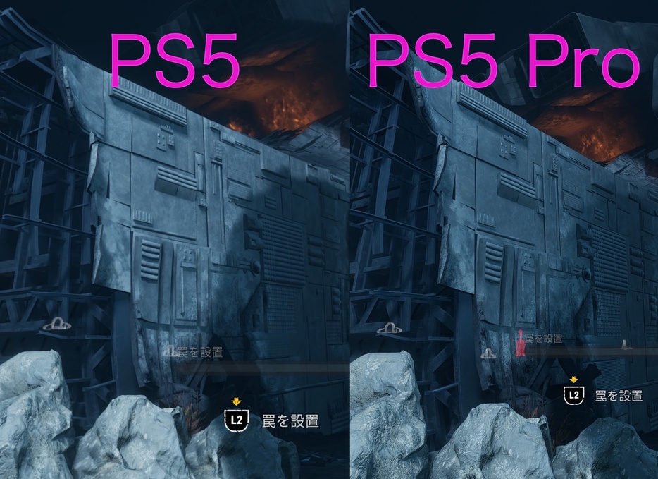 PS5 Proの方は、建造物の壁や手前の岩が精密に描かれている