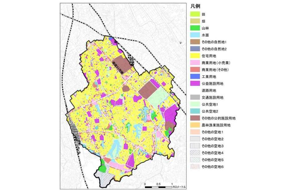 春日市の土地利用状況。黄色い部分が住宅用地で、広大な自衛隊や大学施設なども