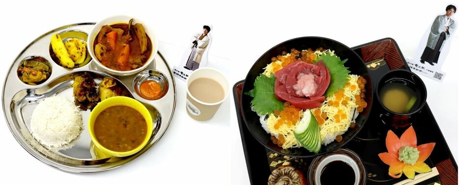 昼食に出された藤井聡太竜王の「茨木おにカレーセット」（左）と佐々木勇気八段の「薔薇すし」（日本将棋連盟提供）