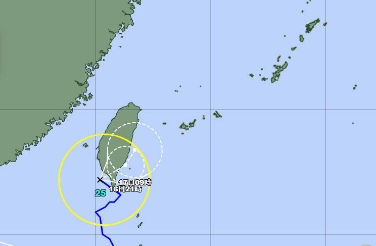 16日午前9時の台風25号の予想進路（気象庁ホームページから）