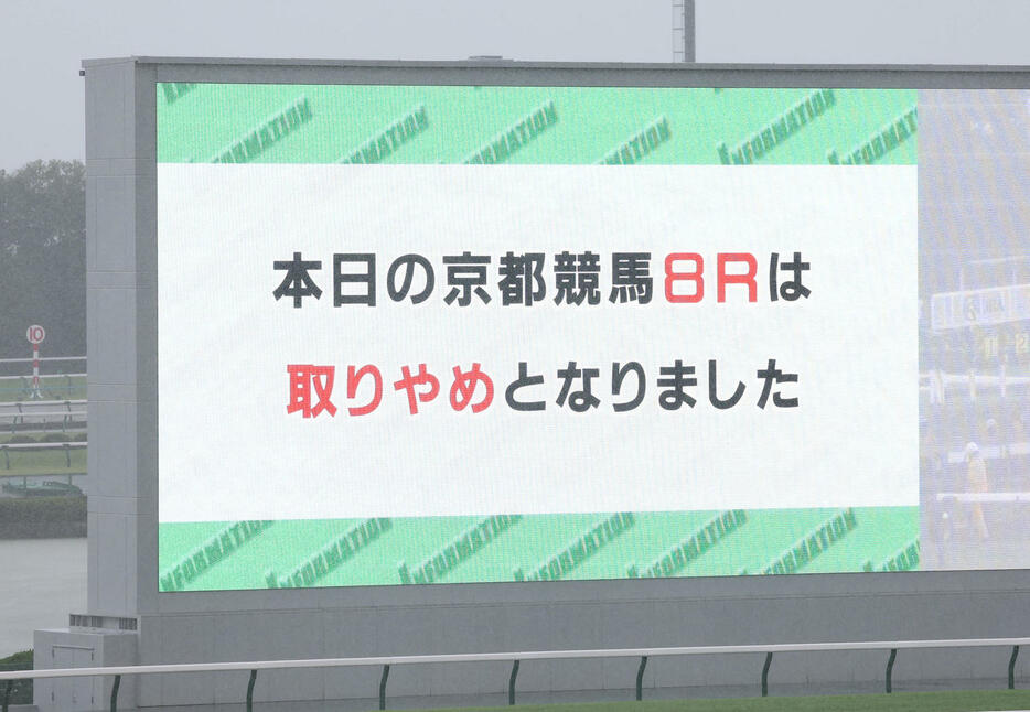 京都8Rの取りやめを知らせるターフビジョン（撮影・白石智彦）
