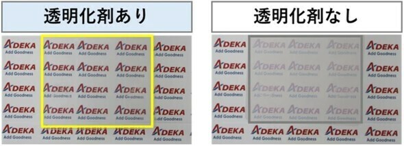 左：ポリプロピレンに「トランスパレックス」を0.1％添加した試験片（厚さ1mm）、右：透明化剤を添加していないポリプロピレン試験片（厚さ1mm）［クリックで拡大］ 出所：ADEKA