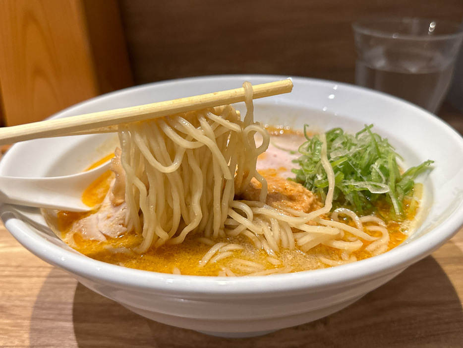 細めのストレート麺が、あん肝の上品なスープとよく合います。