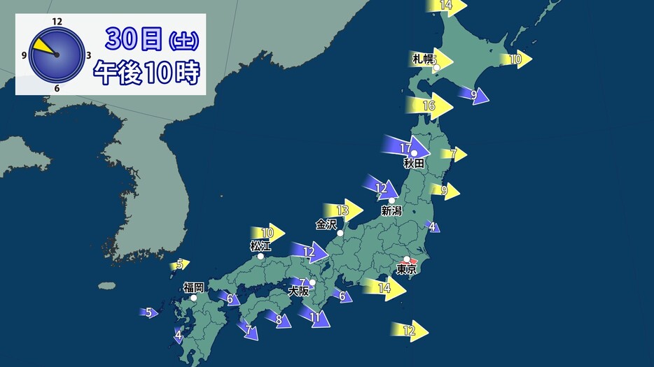 風の予想 (30日(土)午後10時)