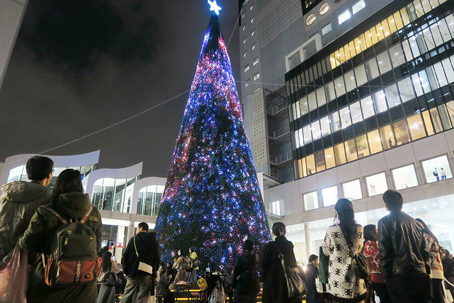 「梅田スカイビル」のクリスマスツリーを見る人々（11月22日・大阪市北区）