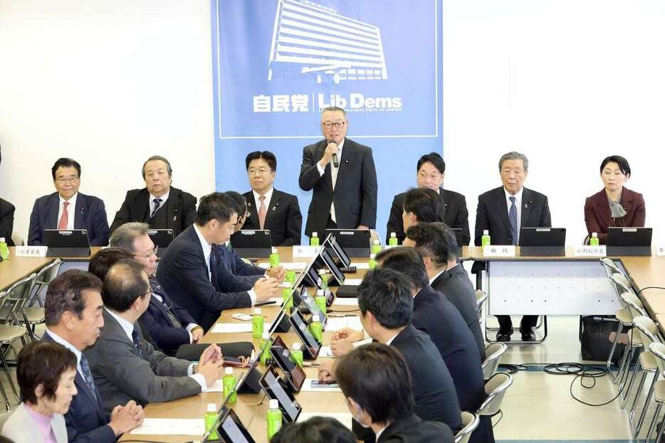 自民党税制調査会総会で発言する宮沢洋一会長（中央）＝25日午後、党本部（春名中撮影）