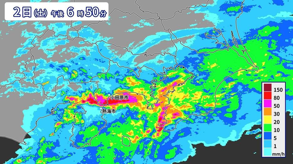 2日（土）午後6時50分の雨雲レーダー画像