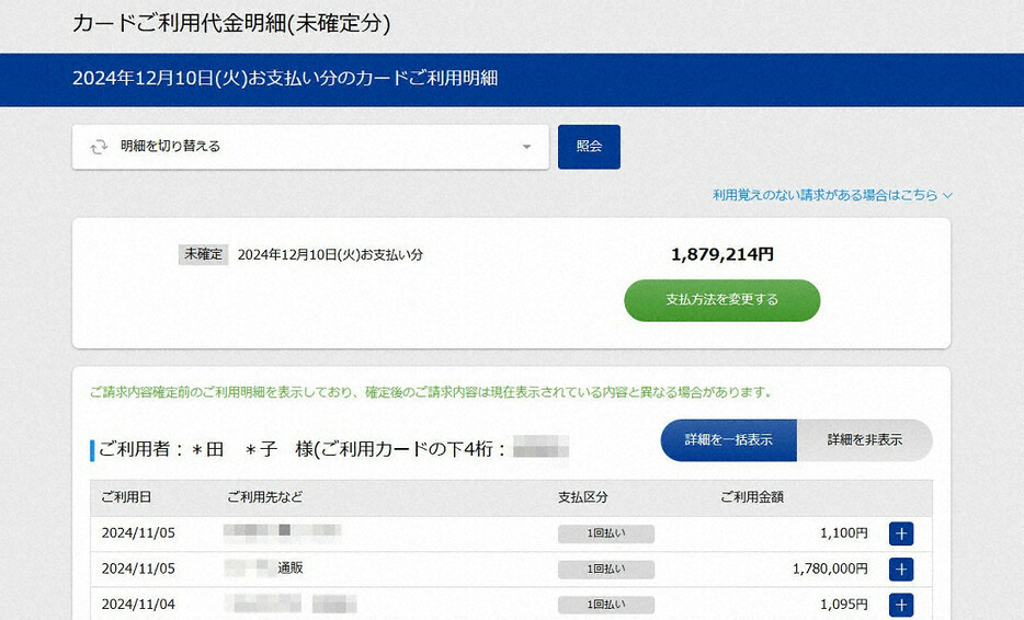 身に覚えのない高額の使用履歴が記載されたクレジットカードの明細（画像の一部を加工しています）