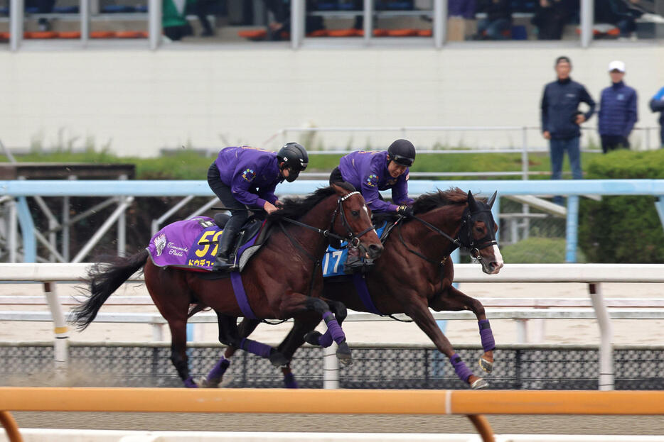 武豊騎手（後方右）が見守る中、DPコース併せ馬で仕上げられたドウデュース（左）