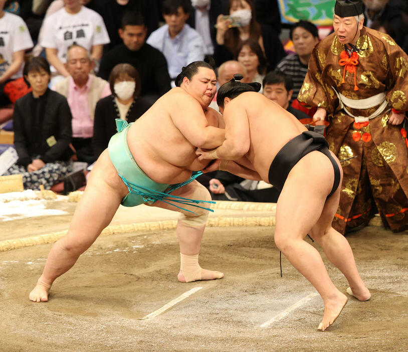 大相撲九州場所　11日目　押し出しで若元春を破った琴桜（左）（撮影・梅根麻紀）