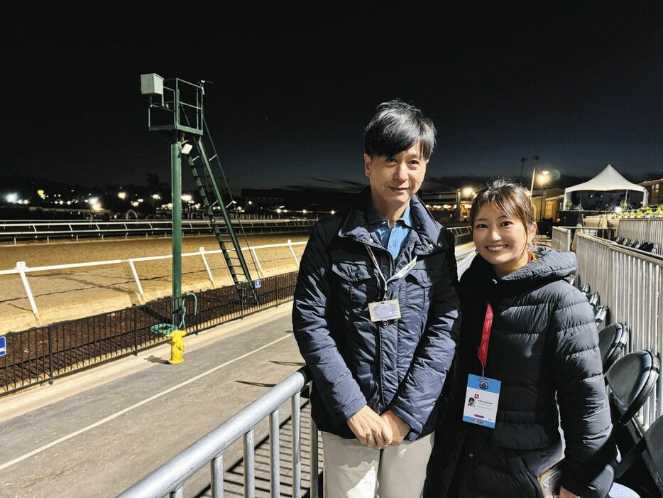 池江調教師と。朝６時の気温は８度、極寒のデルマー競馬場です