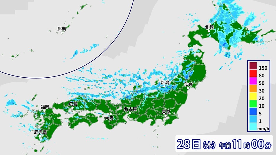 きょう28日午前11時の雨雲の様子。