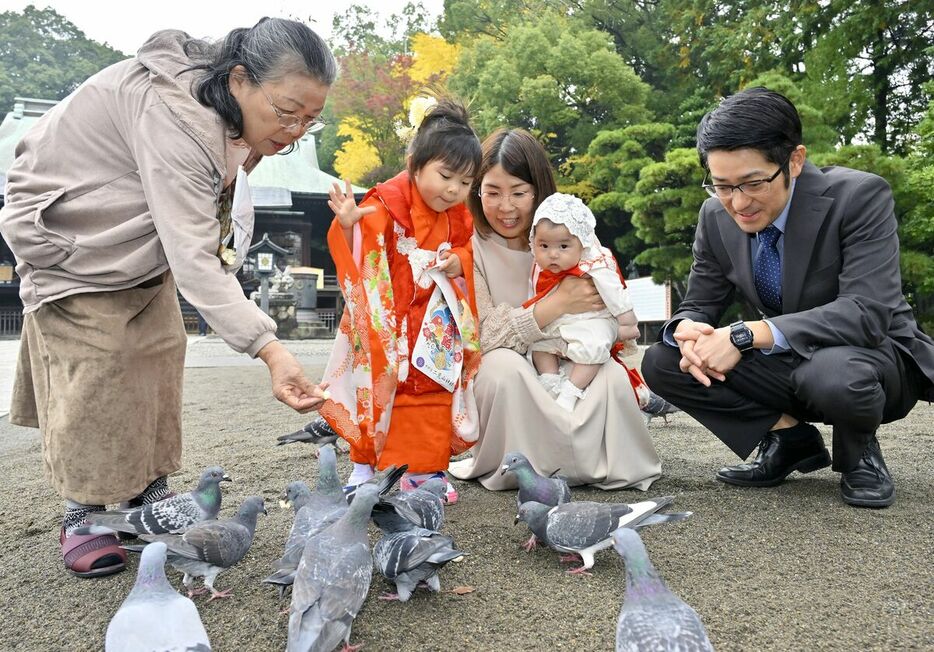 七五三のお参りに訪れ、ハトにえさをあげる家族連れ＝15日午前、宇都宮市馬場通り１丁目