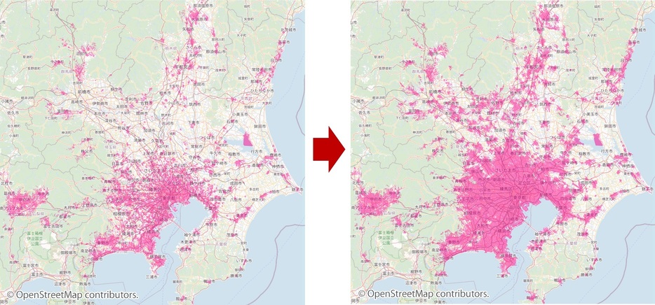 楽天回線5Gエリアは24年1月時点(左)から11月時点(右)で2.1倍に拡大した