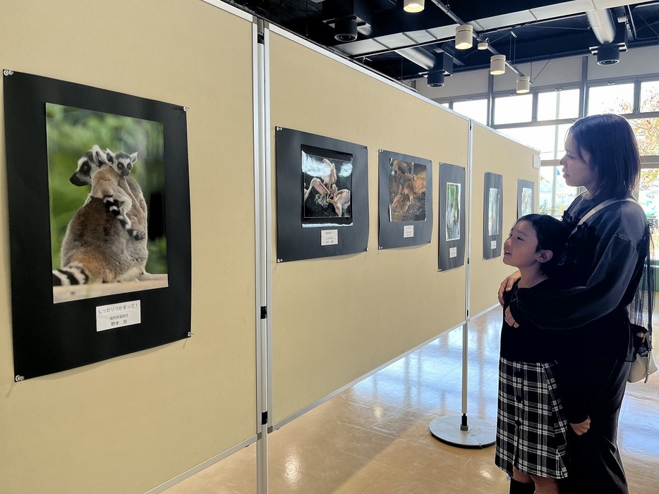 写真コンテストの入賞作品を鑑賞する親子（体験学習館モンスタで）