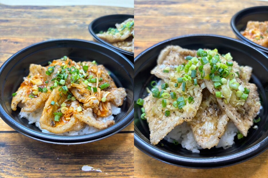 キッチンカーの看板メニューの豚丼。ピリ辛の「ユーリンチーダレ」（左）と「塩ダレ」（右）