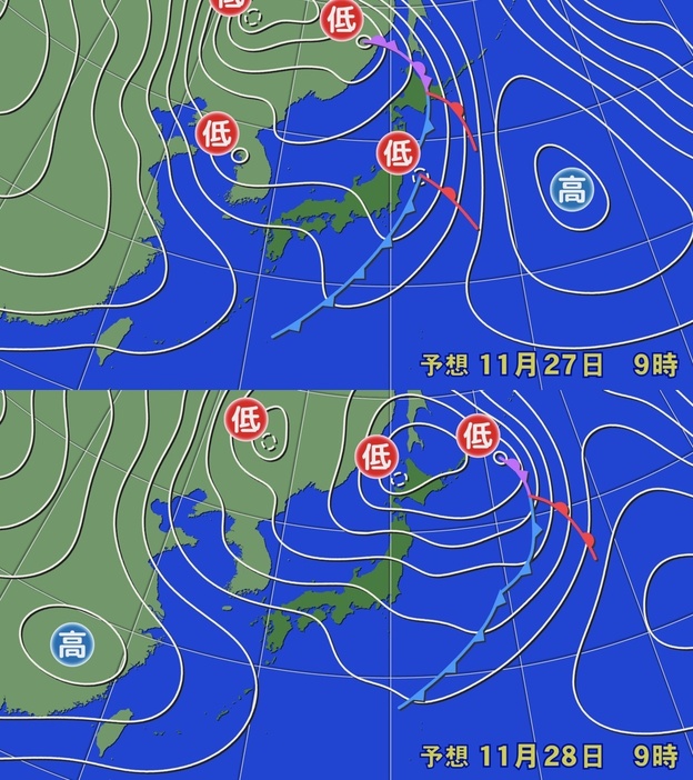 27日(水)午前9時と28日(木)午前9時の予想天気図