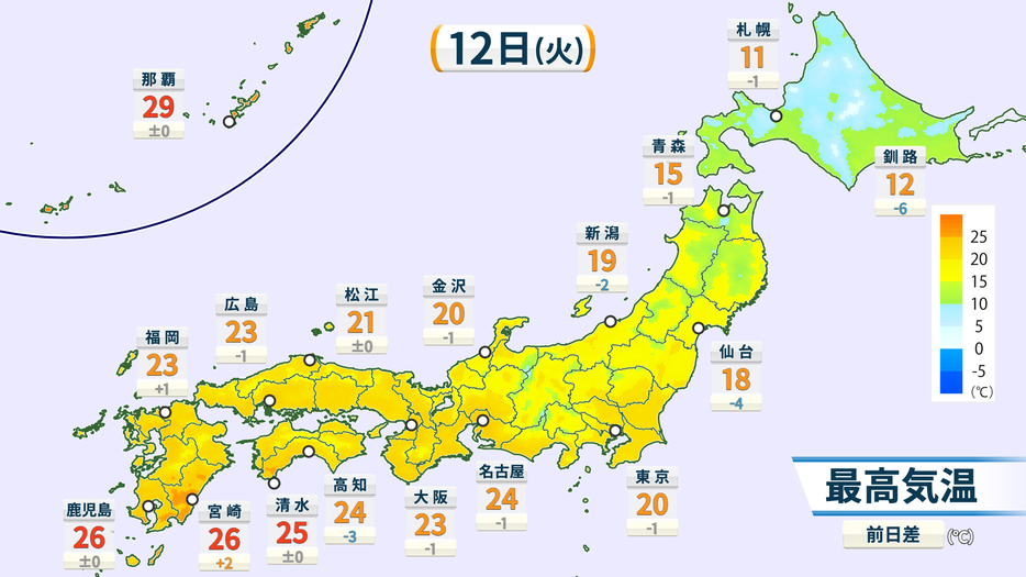 12日(火)の予想最高気温