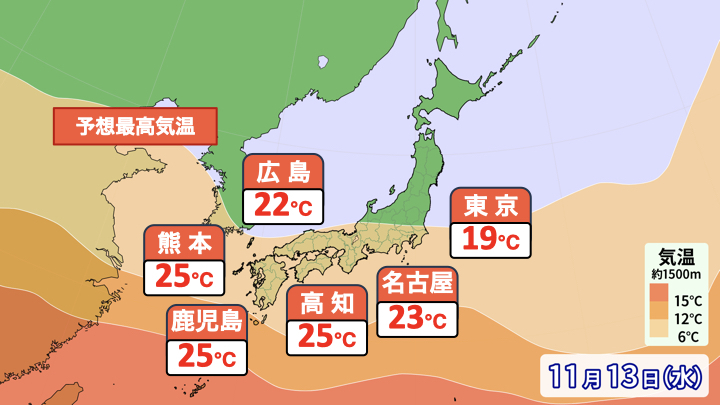 13日(水)の暖気予想と予想最高気温