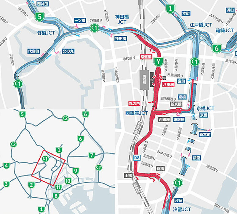 首都高は高速八重洲線を2025年4月上旬から2035年度まで長期通行止めをおこなう。画像は長期通行止め・廃止位置図