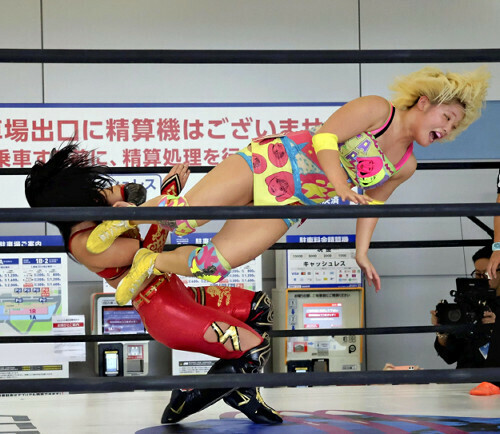 激戦を繰り広げる仙女のプロレスラー（仙台空港で）