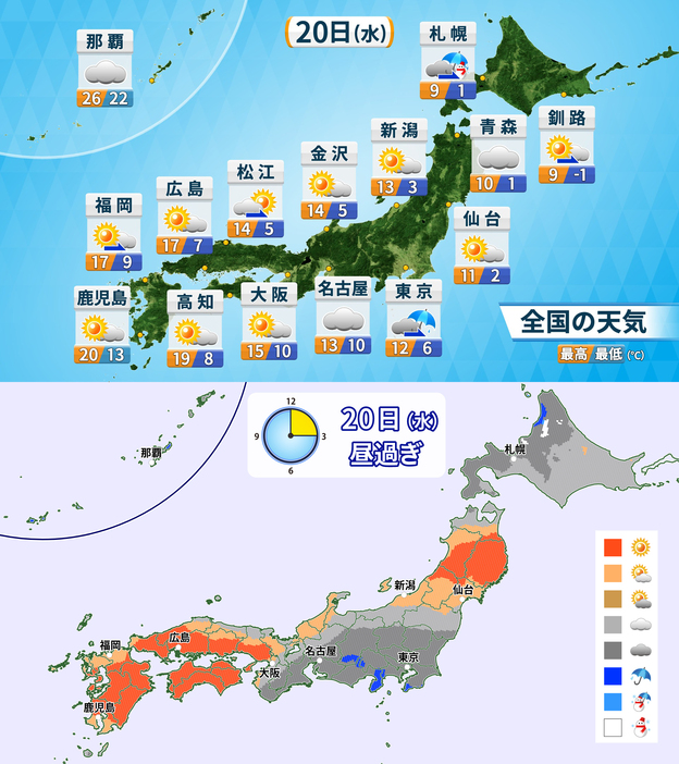 20日(水)の天気・気温の予想と昼過ぎの天気分布