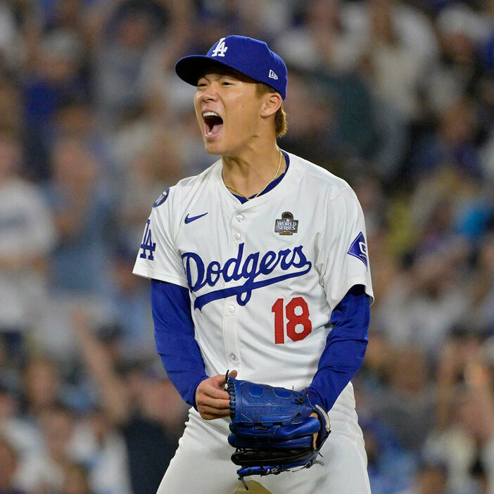 ワールドシリーズ第二戦での、ドジャース・山本由伸投手（写真・USA TODAY Sports/ロイター/アフロ）