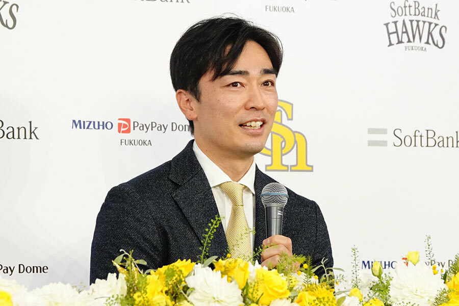 みずほPayPayドームでの会見に臨んだソフトバンク・和田毅【写真：竹村岳】