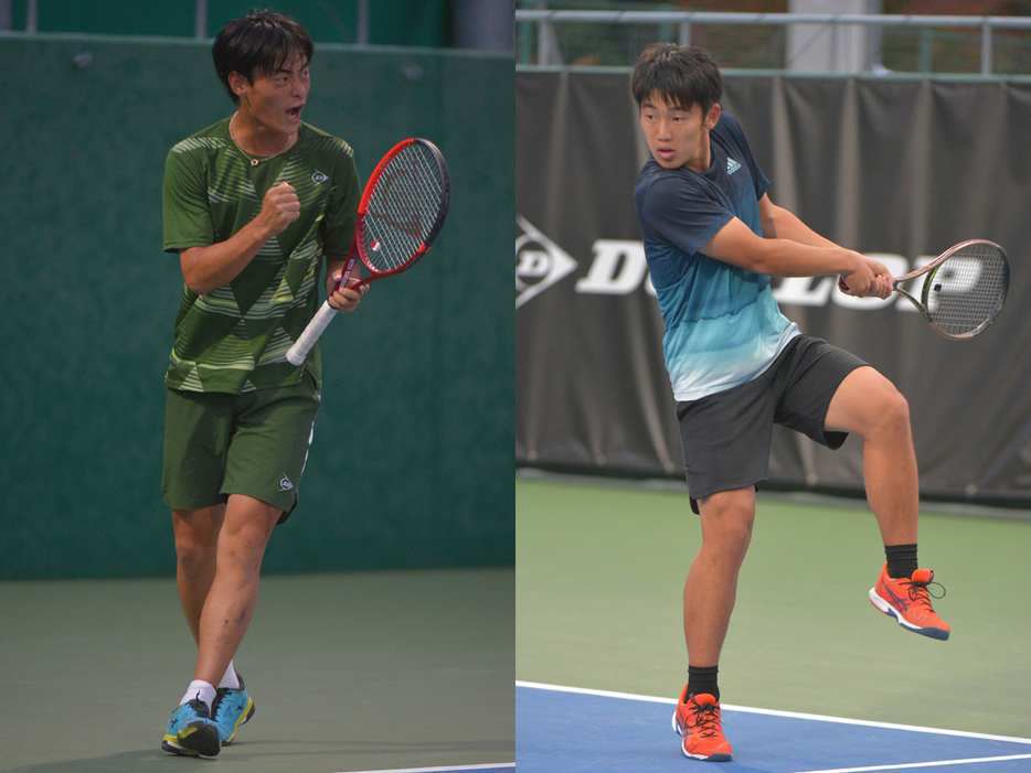 「2025 DUNLOP ROAD TO THE AUSTRALIAN OPEN JUNIOR SERIES in 四日市」（三重・四日市テニスセンター）で決勝に進出した逸﨑獅王（トップランAIOI／左）と富澤直人（A&Aテニスアカデミー）（写真提供◎住友ゴム工業株式会社）