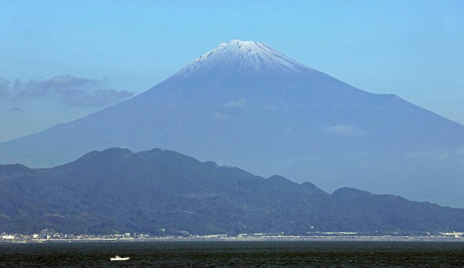 積雪している様子が確認できる静岡県側から見た富士山＝6日午前