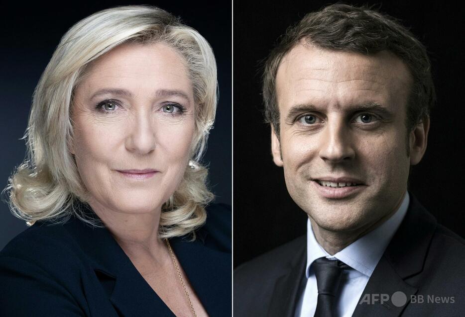 フランスのエマニュエル・マクロン大統領（右）と国民連合のマリーヌ・ルペン前党首（2024年6月16日作成）。【翻訳編集】 AFPBB News