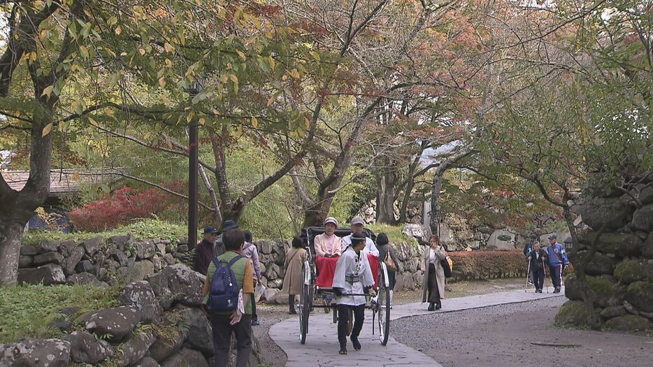 紅葉した懐古園を人力車で案内