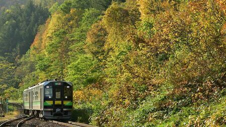 紅葉する銀山駅に到着するH100形の列車（写真：Keiji "tekito" NISHINO/PIXTA）