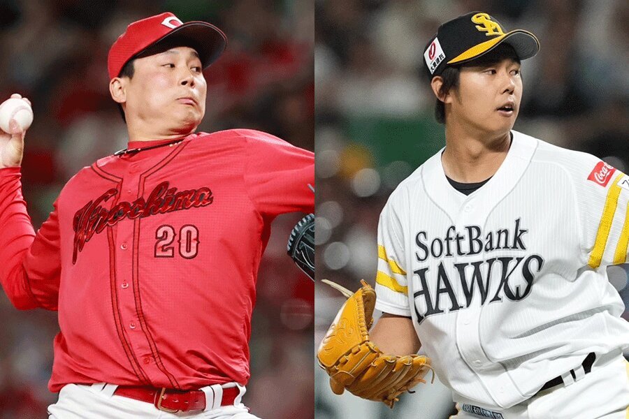 広島・栗林良吏（左）とソフトバンク・田浦文丸【写真：小池義弘、荒川祐史】