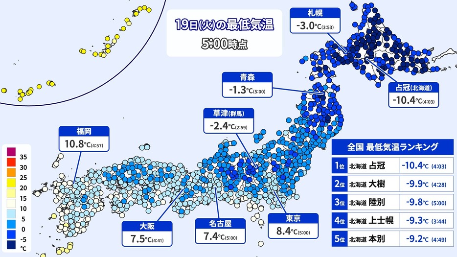 19日(火)午前5時までの最低気温