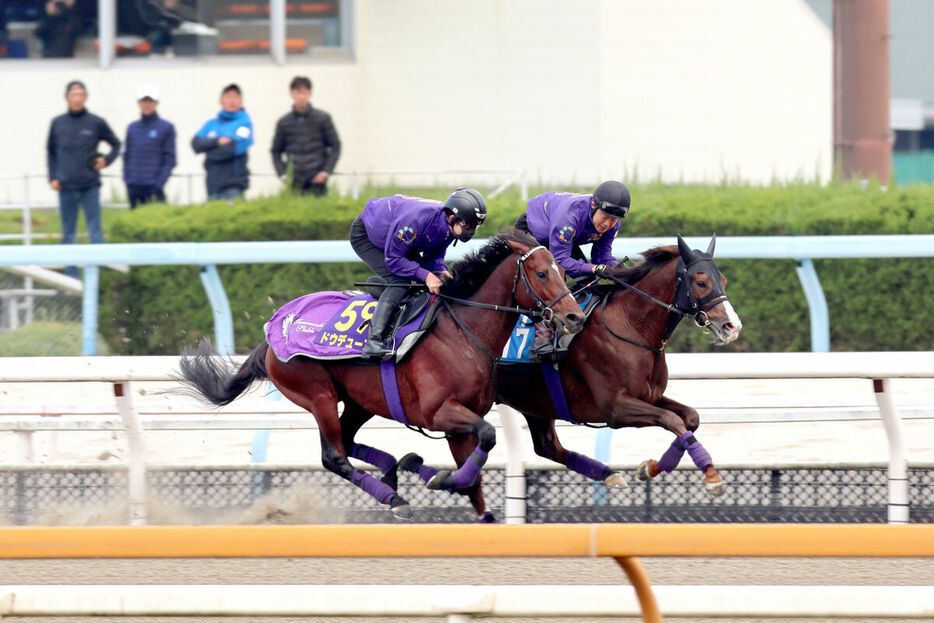 武豊騎手（後方左から２人目）が見守るなか、併せ馬を行ったドウデュース（カメラ・高橋　由二）